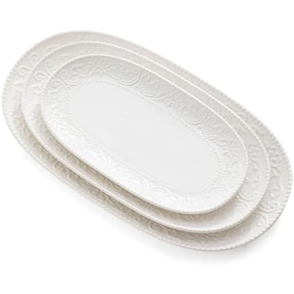 Oval Serving Platter, 14"/12"/10" Ceramic Serving Platters, Embossed White Serving Plates, Stackable Porcelain Tray for Appetizer, Dessert, Pasta, Sushi, Oven Dishwasher Safe, Set of 3, Family Dining