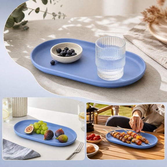 Oval Serving Tray 9.5x5 Inch - Plastic Platter for Appetizers Desserts, Stackable Reusable Dish for Home Kitchen Dining, Blue