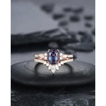 Oval Shape Alexandrite Engagement Ring Set Unique 14K Rose Gold Alexandrite and Moissanite Wedding Set, Bridal Se Promise Ring Gift