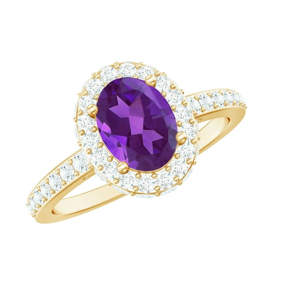 Rosec Jewels Oval Shape Amethyst Ring with Moissanite Halo for Women - 6X8 mm - AAA Grade, 10K Yellow Gold, US 3.00
