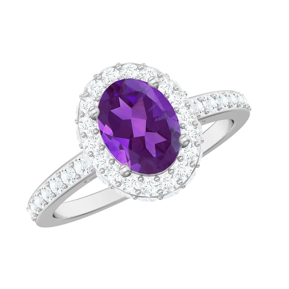 Rosec Jewels Oval Shape Amethyst Ring with Moissanite Halo for Women - 6X8 mm - AAA Grade, 18K White Gold, US 12.50