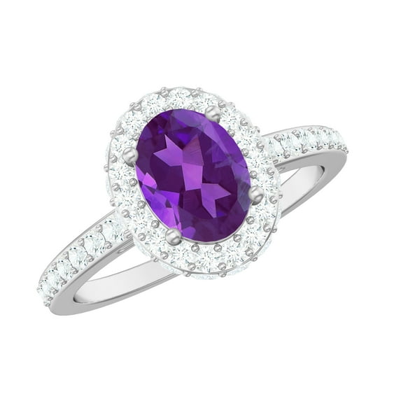 Rosec Jewels Oval Shape Amethyst Ring with Moissanite Halo for Women - 6X8 mm - AAA Grade, 925 Sterling Silver, US 4.00