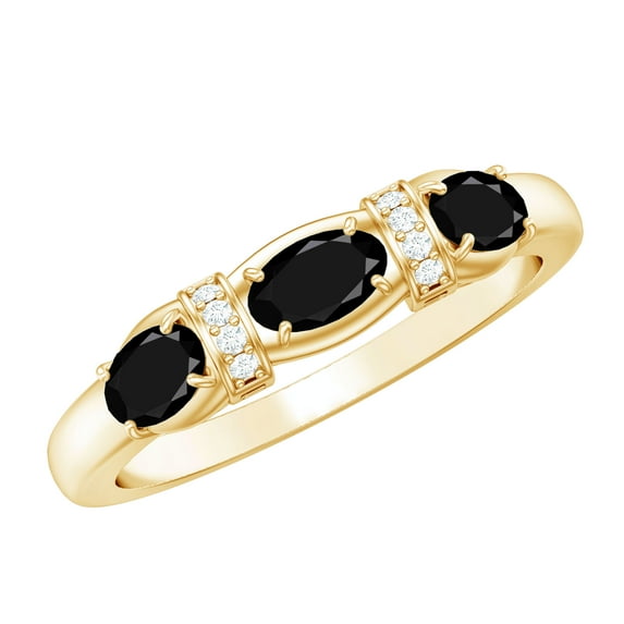 Rosec Jewels Natural Black Onyx 3 Stone Anniversary Ring - AAA Grade - Black Onyx Diamond Ring in East West Style - Ready to Gift, 18K Yellow Gold, US 4.00