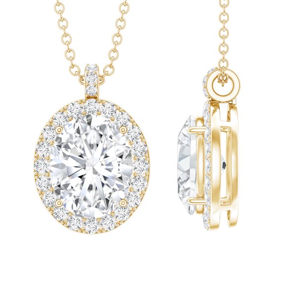 Rosec Jewels Oval Shape Cubic Zirconia Pendant Necklace with Halo for Women, 10K Yellow Gold