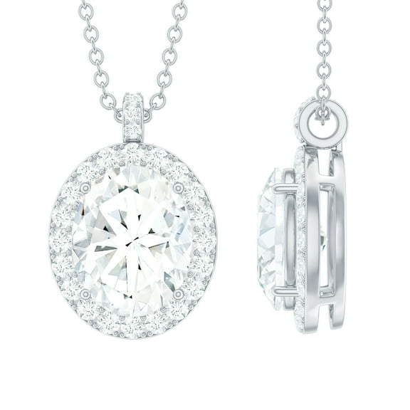 Rosec Jewels Oval Shape Cubic Zirconia Pendant Necklace with Halo for Women, 925 Sterling Silver