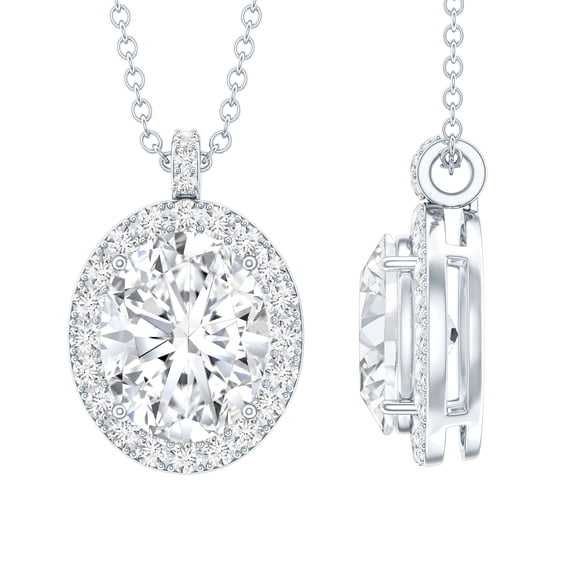 Rosec Jewels Oval Shape Cubic Zirconia Pendant Necklace with Halo for Women, 925 Sterling Silver