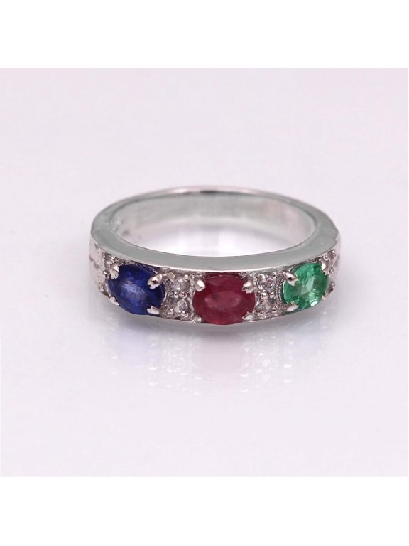 Oval Shape Emerald & Ruby Blue Sapphire Art Deco Band Ring 925 Sterling Silver