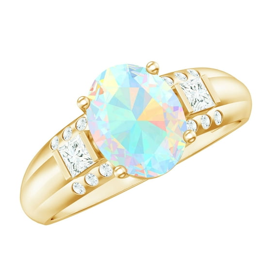 Rosec Jewels Oval Shape Ethiopian Opal Solitaire Ring with Diamond for Women - 8X10 MM, 18K Yellow Gold, US 5.00