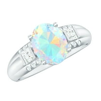 Rosec Jewels Oval Shape Ethiopian Opal Solitaire Ring with Diamond for Women - 8X10 MM, 925 Sterling Silver, US 4.00