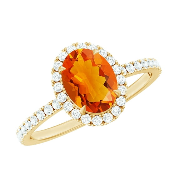 Rosec Jewels Oval Shape Fire Opal Ring for Women with Diamond Halo (6X8 MM, AAA Grade), 18K Yellow Gold, US 5.00