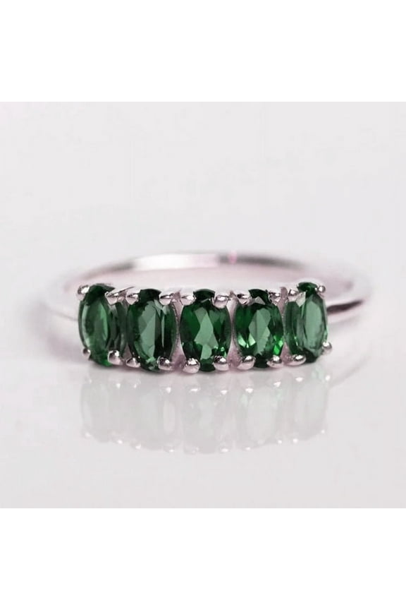 Oval Shape Green Emerald Eternity Band Ring Women 925 Sterling Silver May Birthstone Engagement Anniversary Gift Gemstone Jewelry