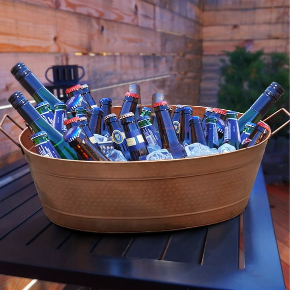 Oval Shape Hammered texture Metal Tub with 2 Side Handles Copper - Saltoro Sherpi