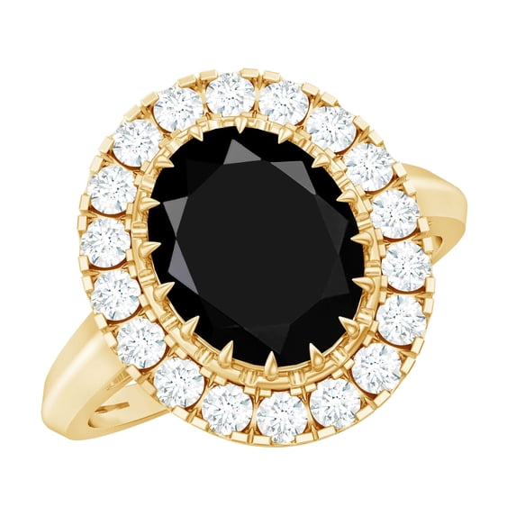 Rosec Jewels Lab Grown Black and White Diamond Engagement Ring with Halo - Vintage Inspired Ring - 4 Ct - 8X10mm Oval - AAAA Grade, 18K Yellow Gold, US 4.00