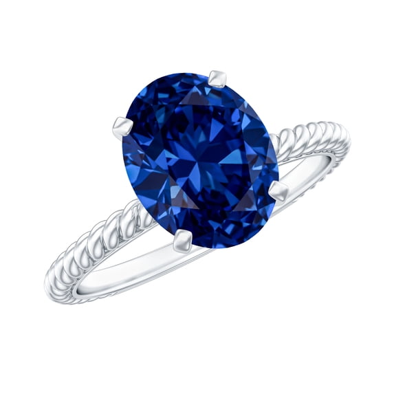 Oval Shape Lab Grown Blue Sapphire Solitaire Ring with Surprise Diamond (4 Carat, AAAA Quality), 14K White Gold, US 13.00