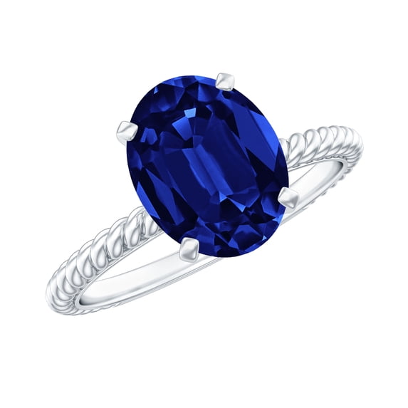 Rosec Jewels Oval Shape Lab Grown Blue Sapphire Solitaire Ring with Surprise Diamond (8X10 mm), 14K White Gold, US 4.50