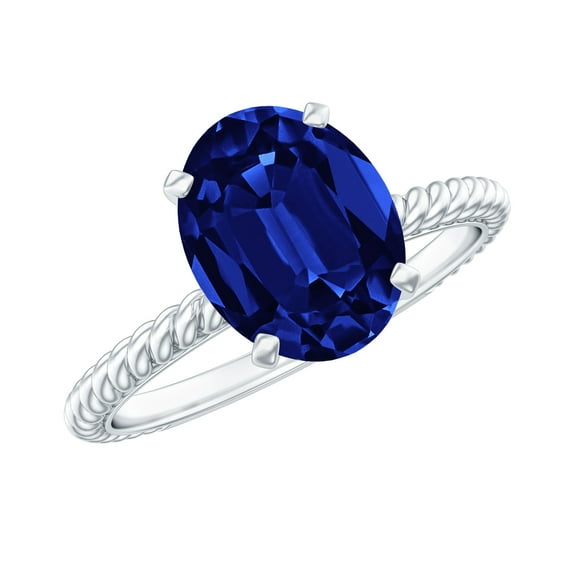 Rosec Jewels Oval Shape Lab Grown Blue Sapphire Solitaire Ring with Surprise Diamond (8X10 mm), 18K White Gold, US 5.50