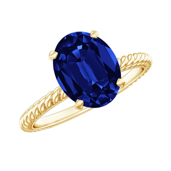 Rosec Jewels Oval Shape Lab Grown Blue Sapphire Solitaire Ring with Surprise Diamond (8X10 mm), 18K Yellow Gold, US 8.50