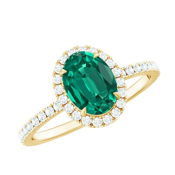 Rosec Jewels Lab Grown Emerald Oval Engagement Ring with Halo - 6X8 mm - Emerald Diamond Ring - AAAA Quality Certified, 10K Yellow Gold, US 4.50
