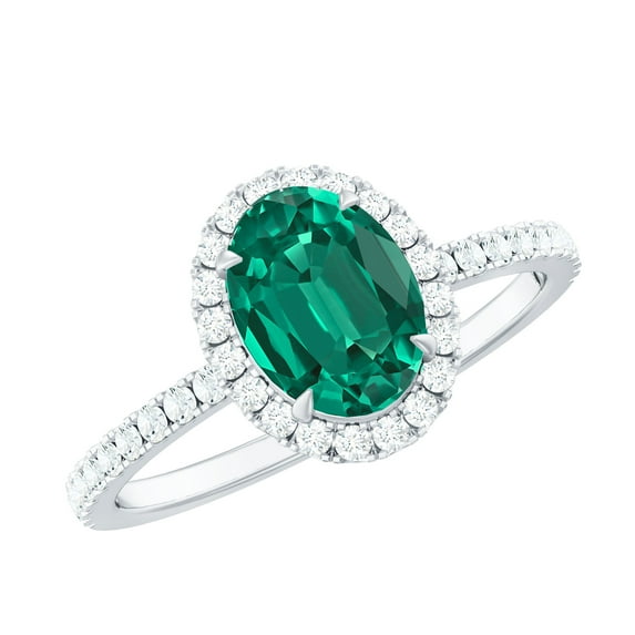 Rosec Jewels Lab Grown Emerald Oval Engagement Ring with Halo - 6X8 mm - Emerald Diamond Ring - AAAA Quality Certified, 925 Sterling Silver, US 4.50