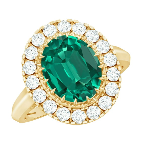 Rosec Jewels Oval Shape Lab Grown Emerald Ring with Moissanite Halo, Vintage Inspired Ring, 10K Yellow Gold, US 8.00