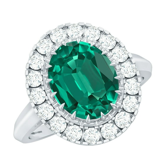 Rosec Jewels Oval Shape Lab Grown Emerald Ring with Moissanite Halo, Vintage Inspired Ring, 14K White Gold, US 11.00
