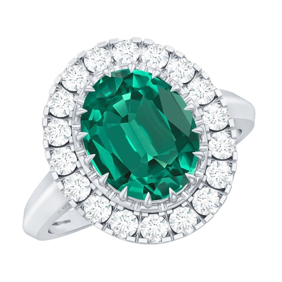 Rosec Jewels Oval Shape Lab Grown Emerald Ring with Moissanite Halo, Vintage Inspired Ring, 14K White Gold, US 13.00