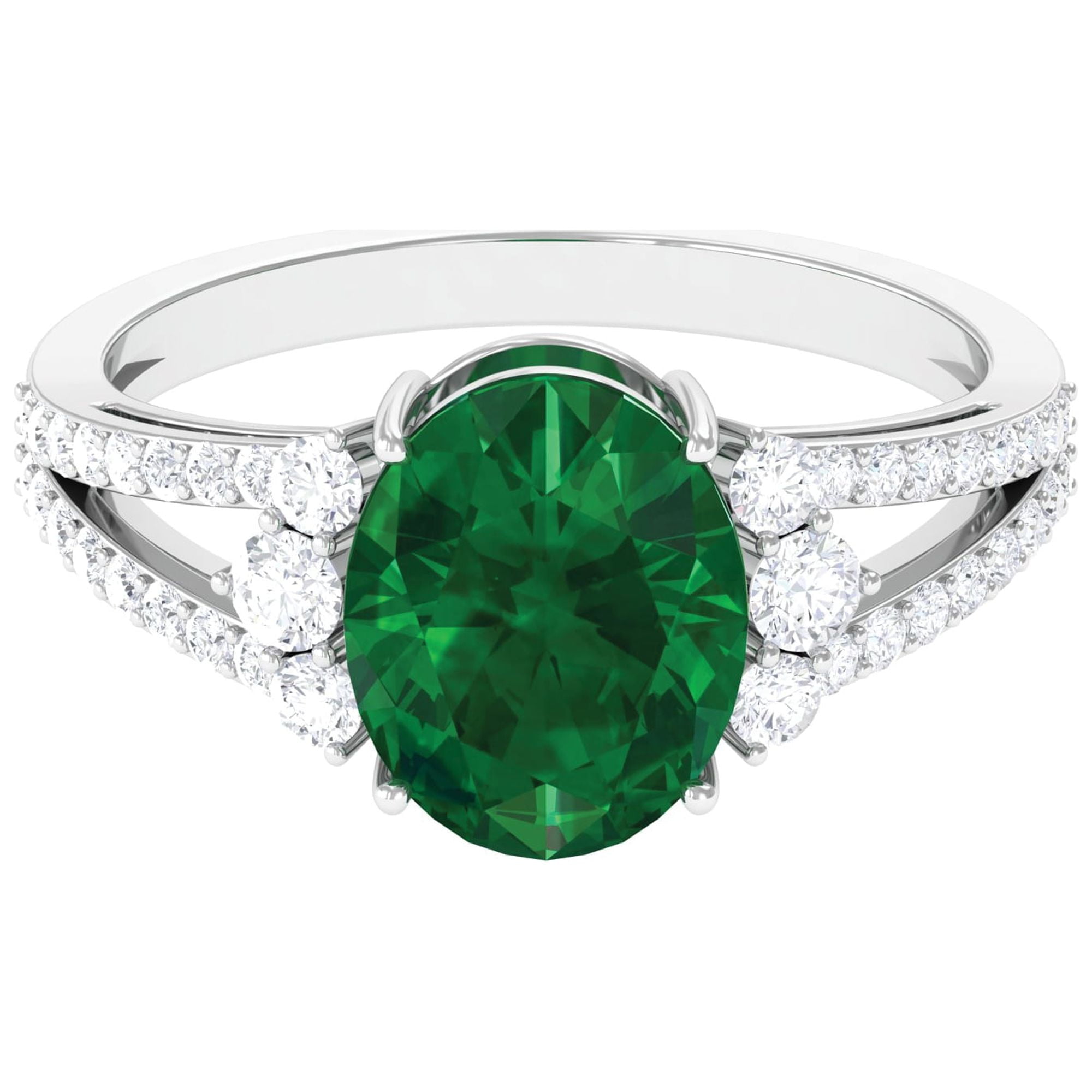 Oval Shape Lab Grown Emerald Ring with Zircon, Classic Split Shank Ring