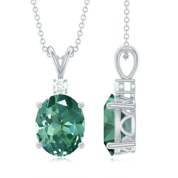 Rosec Jewels Oval Shape Lab Grown Green Sapphire Solitaire Pendant with Moissanite (8X10 mm), 10K White Gold