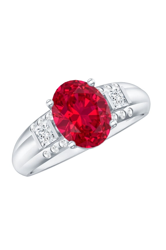 Certified Lab Grown Ruby Oval Engagement Ring 4 Ct - AAAA Grade - Ruby Statement Ring with Diamond - with Jewelry Box, 10K White Gold, US 13.00