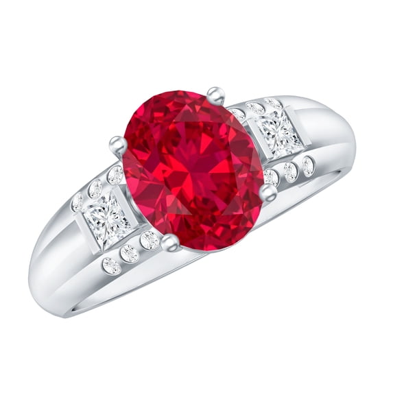Rosec Jewels Certified Lab Grown Ruby Oval Engagement Ring 4 Ct - AAAA Grade - Ruby Statement Ring with Diamond - with Jewelry Box, 10K White Gold, US 7.00
