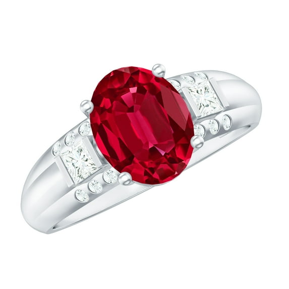 Rosec Jewels Oval Shape Lab Grown Ruby Solitaire Ring with Diamond (8X10 MM, AAAA Grade), 925 Sterling Silver, US 4.00
