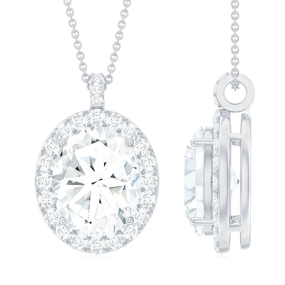 Rosec Jewels Oval Shape Moissanite Pendant Necklace with Halo for Women - D-VS1 Grade, 10K White Gold