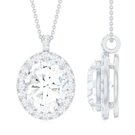 Rosec Jewels Oval Shape Moissanite Pendant Necklace with Halo for Women - D-VS1 Grade, 925 Sterling Silver