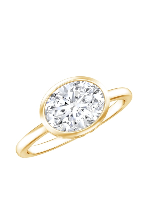 Oval Moissanite East West Engagement Ring 2 Carat - 7X9 mm Moissanite Bezel Set Ring - D-VS1 Quality, 18K Yellow Gold, US 5.50