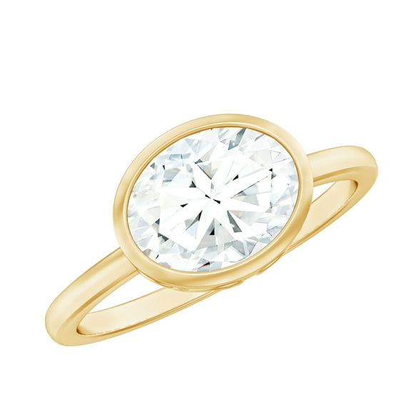 Oval Moissanite East West Engagement Ring 2 Carat - 7X9 mm Moissanite Bezel Set Ring - D-VS1 Quality, 18K Yellow Gold, US 5.50