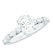 Oval Solitaire Moissanite Engagement Ring with Side Stones (6X8 mm) - Rosec Jewels, 925 Sterling Silver, US 4.00