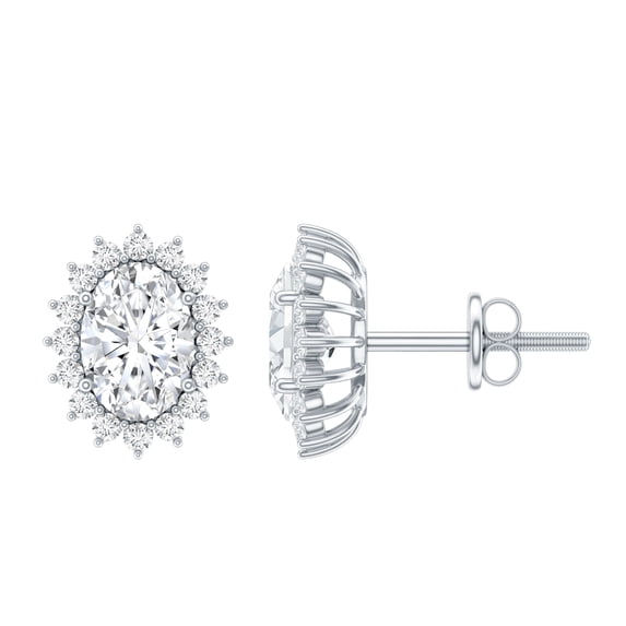 Rosec Jewels Oval Shape Moissanite Stud Earrings with Halo for Women (D-VS1 Grade), 14K White Gold