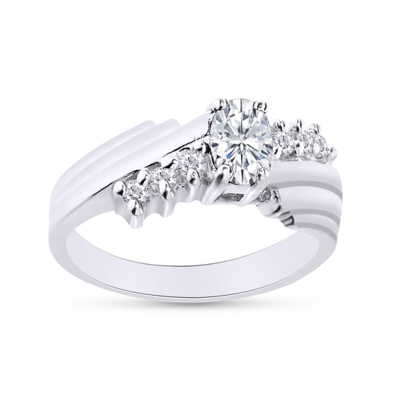 Oval Shape Natural Diamond And Cubic Zirconia In 14K White Gold Over 925 Sterling Silver Ring Size 9.5