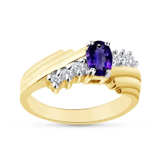 Oval Shape Natural Diamond And Simulated Alexandrite In 14K Yellow Gold Over 925 Sterling Silver Ring Size 7