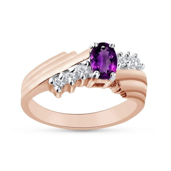 Oval Shape Natural Diamond And Simulated Amethyst In 14K Rose Gold Over 925 Sterling Silver Ring Size 10