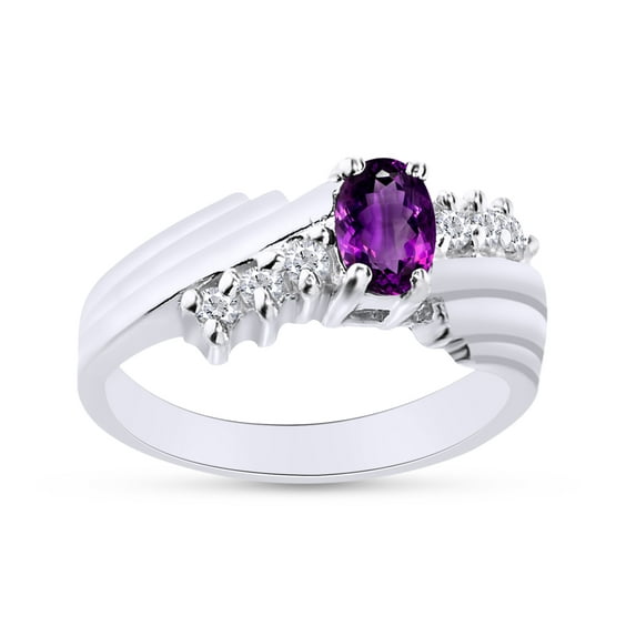 Oval Shape Natural Diamond And Simulated Amethyst In 14K White Gold Over 925 Sterling Silver Ring Size 11