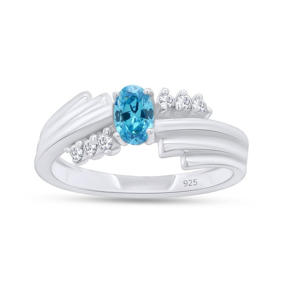 Oval Shape Natural Diamond And Simulated Aquamarine In 14K White Gold Over 925 Sterling Silver Ring Size 11.5