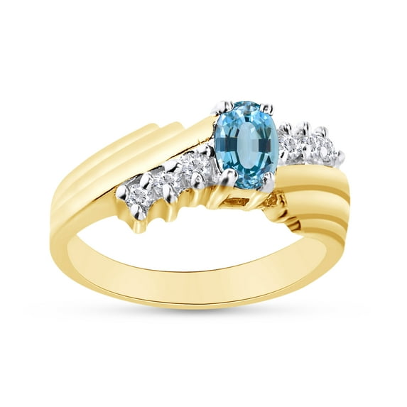Oval Shape Natural Diamond And Simulated Aquamarine In 14K Yellow Gold Over 925 Sterling Silver Ring Size 5.5