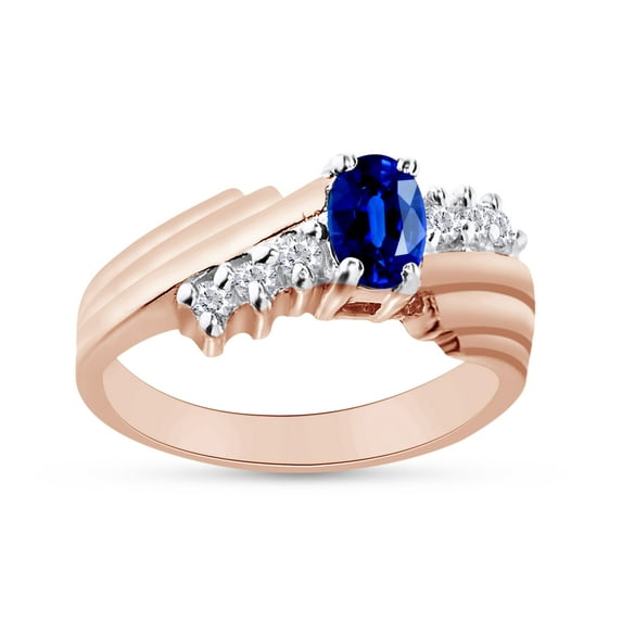 Oval Shape Natural Diamond And Simulated Blue Sapphire In 14K Rose Gold Over 925 Sterling Silver Ring Size 11