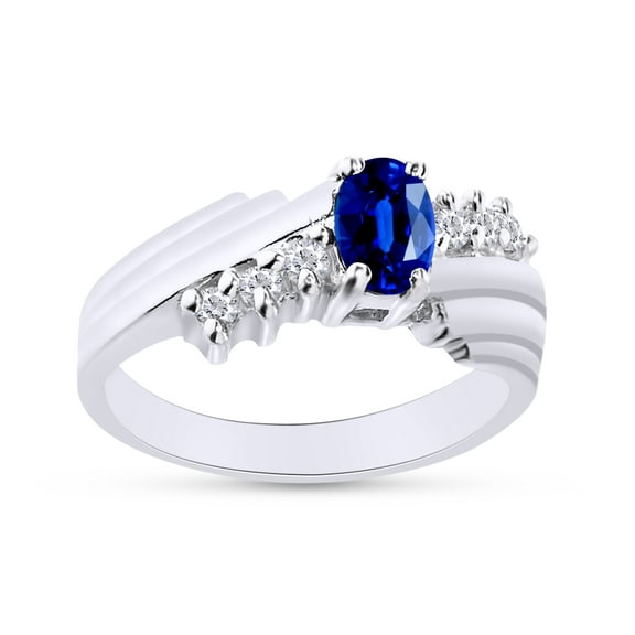 Oval Shape Natural Diamond And Simulated Blue Sapphire In 14K White Gold Over 925 Sterling Silver Ring Size 10