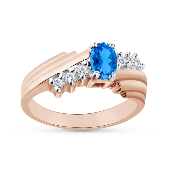 Oval Shape Natural Diamond And Simulated Blue Topaz In 14K Rose Gold Over 925 Sterling Silver Ring Size 12