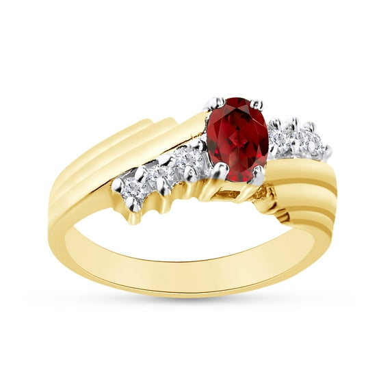 Oval Shape Natural Diamond And Simulated Garnet In 14K Yellow Gold Over 925 Sterling Silver Ring Size 6.5