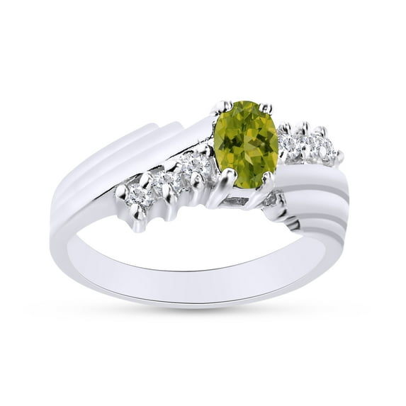 Oval Shape Natural Diamond And Simulated Peridot In 14K White Gold Over 925 Sterling Silver Ring Size 12.5