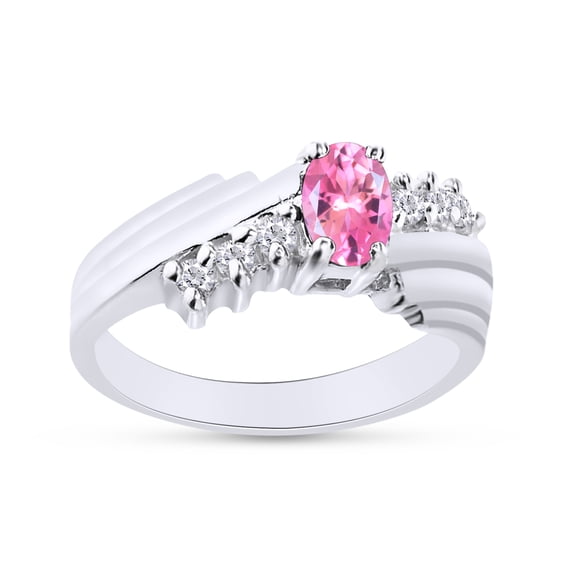 Oval Shape Natural Diamond And Simulated Pink Tourmaline In 14K White Gold Over 925 Sterling Silver Ring Size 12.5