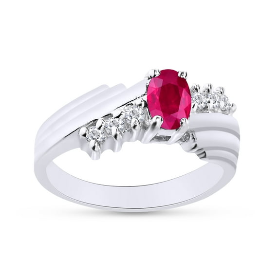 Oval Shape Natural Diamond And Simulated Ruby In 14K White Gold Over 925 Sterling Silver Ring Size 4